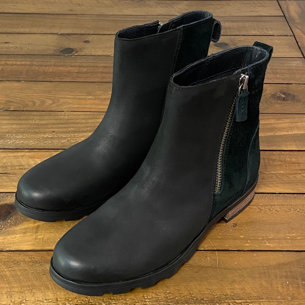Sorel Emelie Chelsea Waterproof Black Leather Suede Ankle Boots NL3502-010 9.5